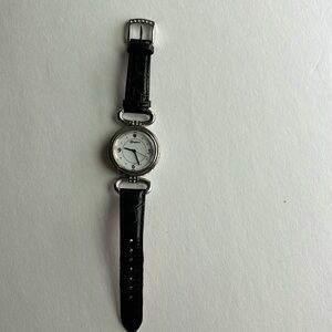 Brighton watch w black leather band & new battery. Silver & faux diamonds.